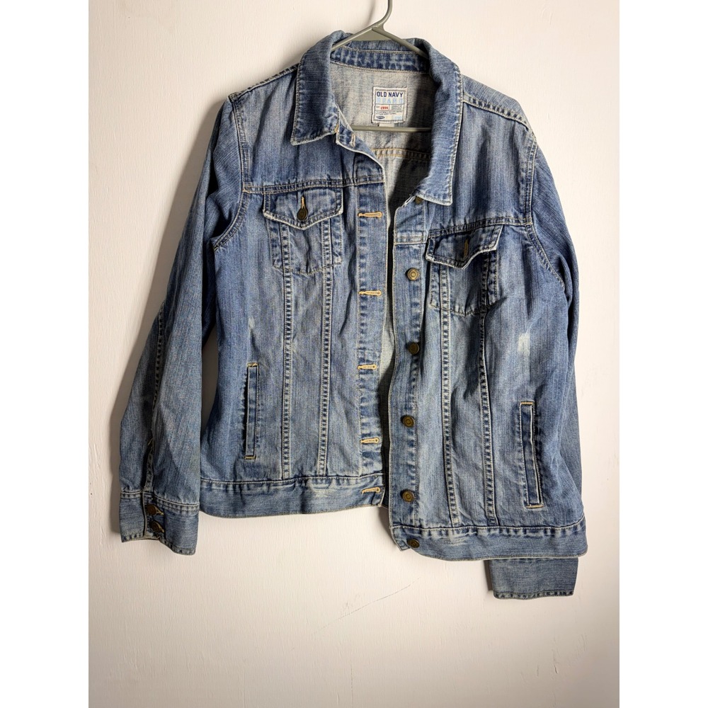 Old Navy XXL Denim Trucker Jacket Medium Wash Distressed Jean Coat Mens 90s